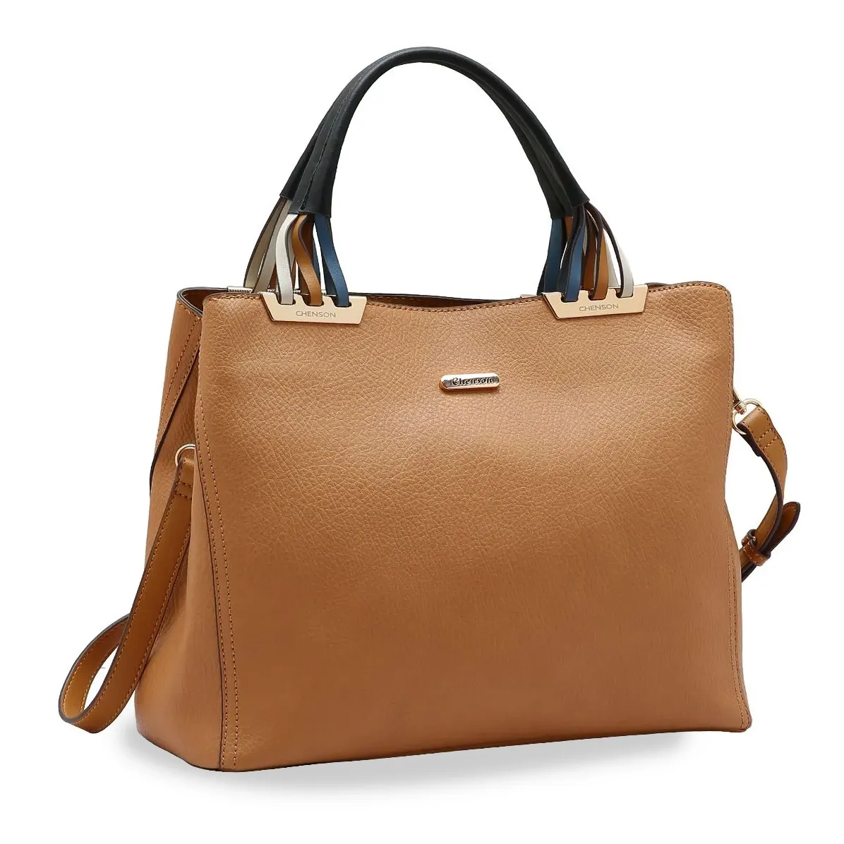 Bolsa feminina Chenson Contemporâneo Chic marrom com alças multicoloridas, vista frontal lateral direita